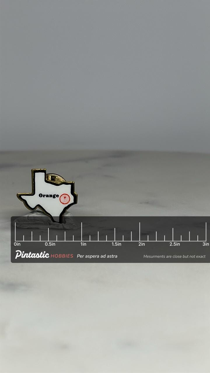 Texas Orange City Pin: White Enamel Brass Finish - Vintage State Accessory with ruler overlay for size reference