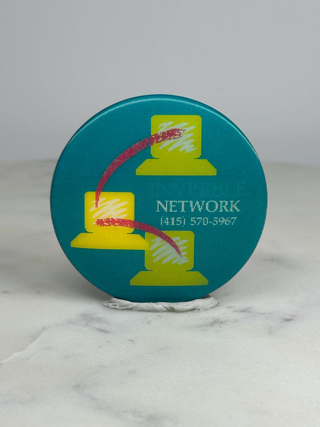 Invisible Network Button Pin: Teal Yellow Graphic - Vintage Tech Accessory