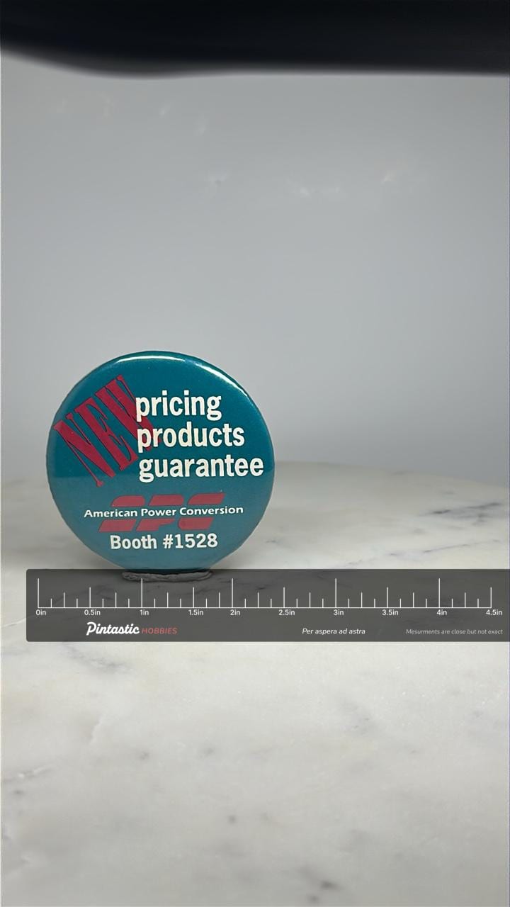 APC Promo Pinback Button: Teal Red Graphics - 90s Tech Accessory with ruler overlay for size reference