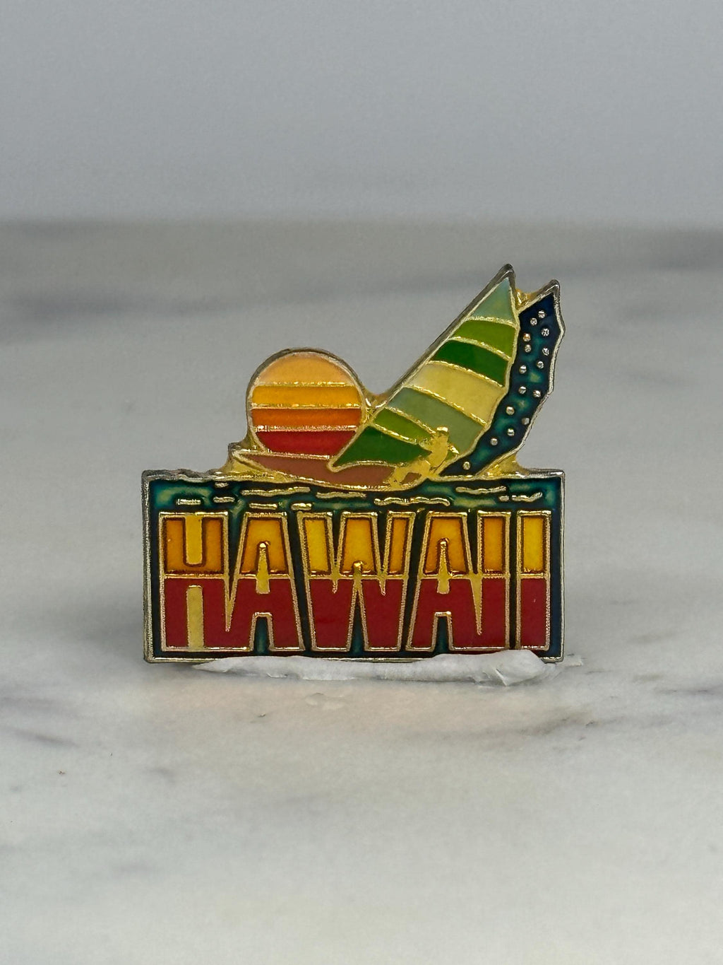 Hawaii Souvenir Pin: Enamel Surfboard Sunset - Vintage Travel Accessory