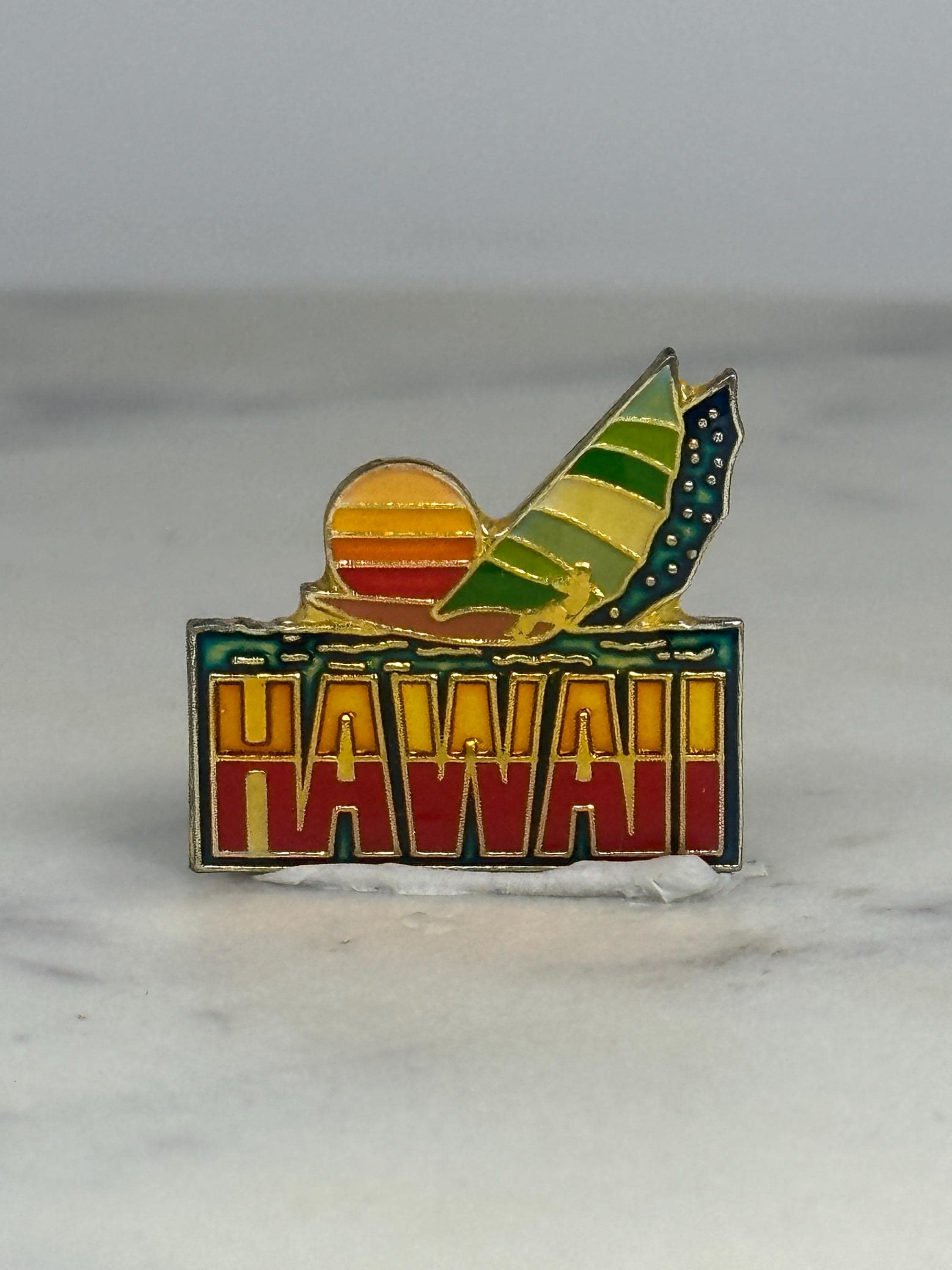 Hawaii Souvenir Pin: Enamel Surfboard Sunset - Vintage Travel Accessory