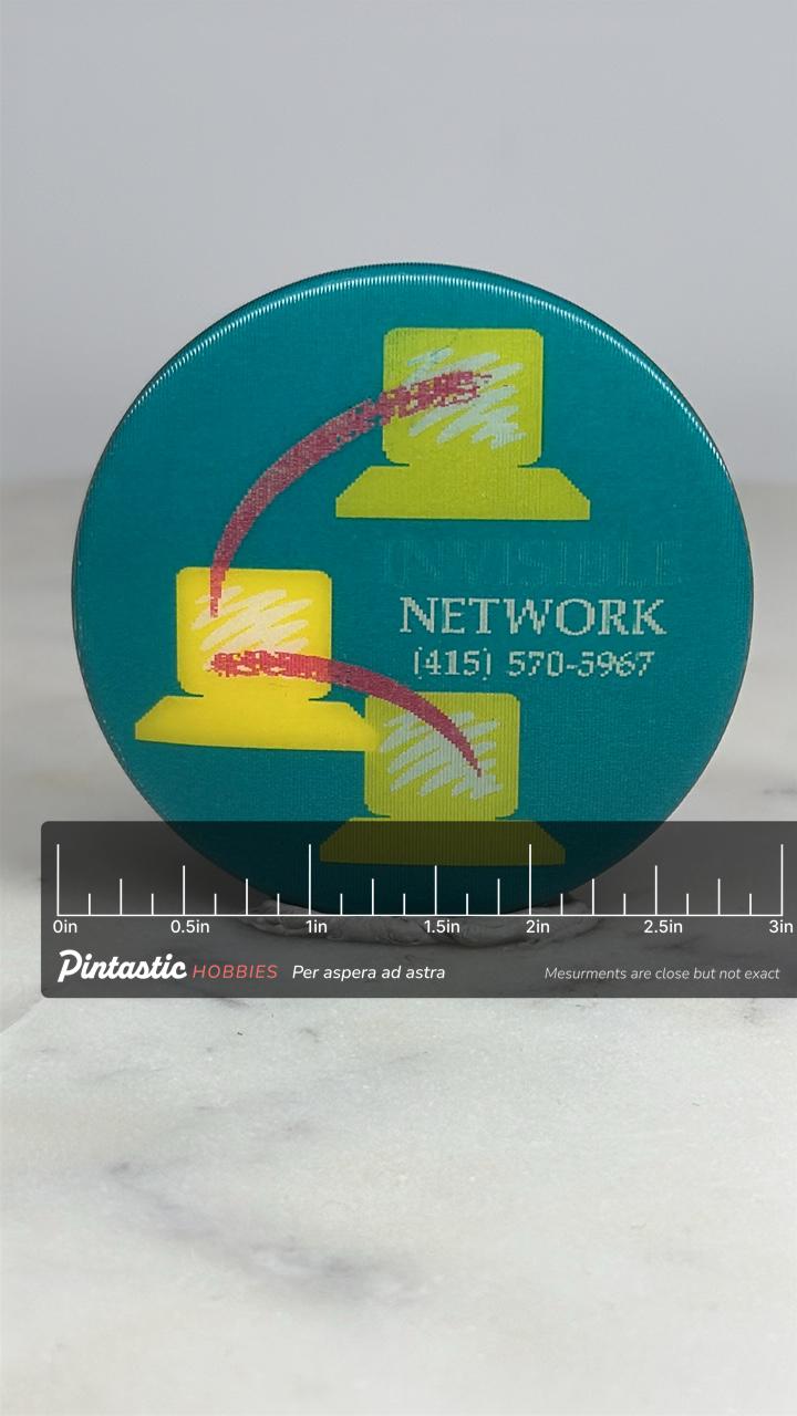 Invisible Network Button Pin: Teal Yellow Graphic - Vintage Tech Accessory with ruler overlay for size reference
