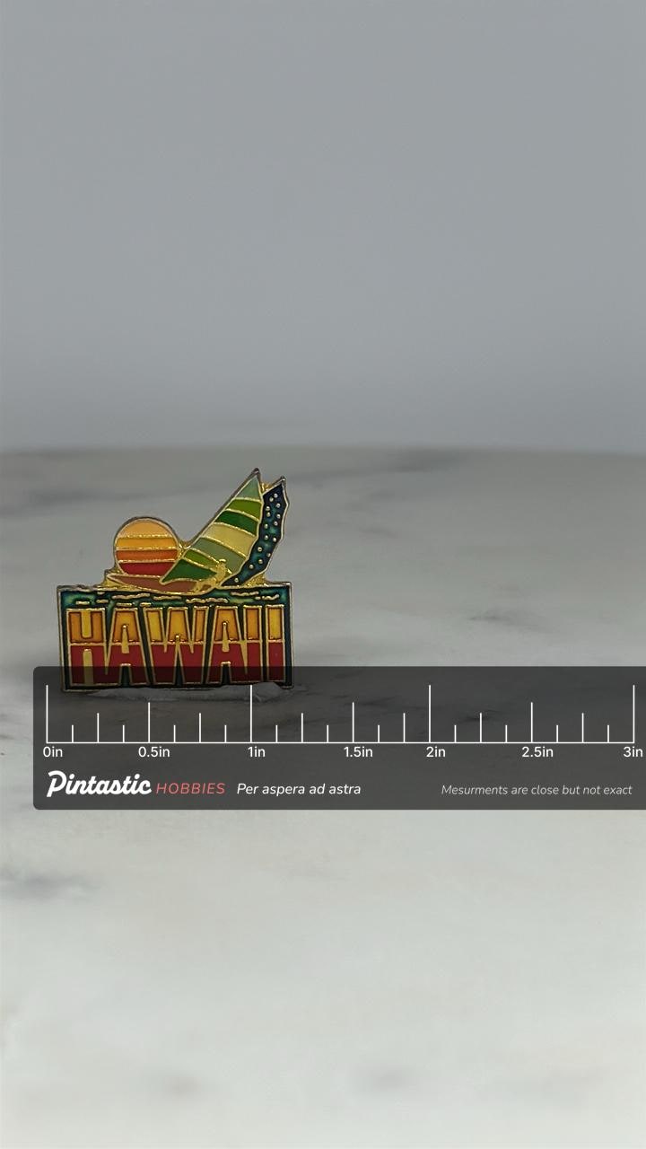 Hawaii Souvenir Pin: Enamel Surfboard Sunset - Vintage Travel Accessory with ruler overlay for size reference