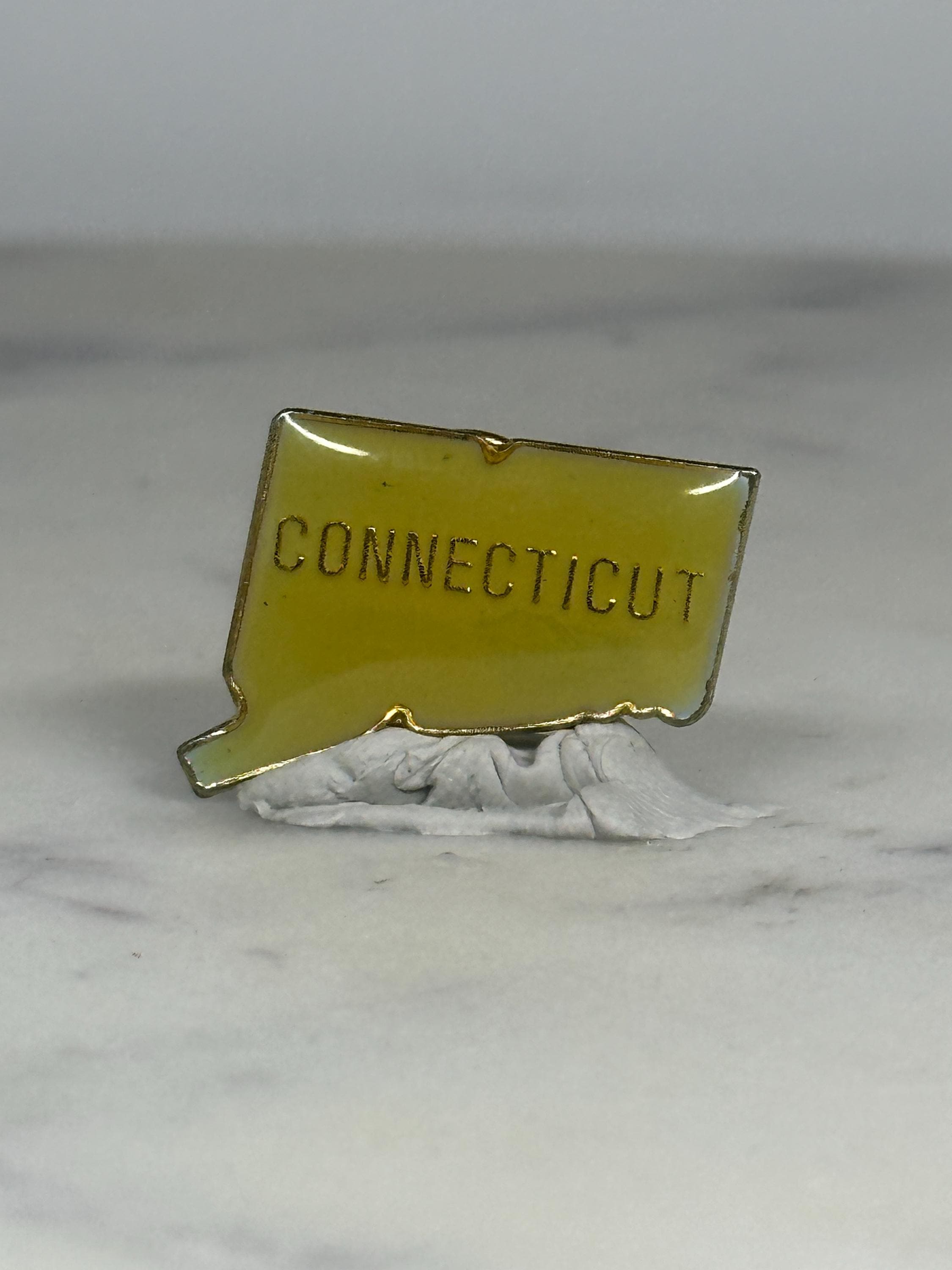 Connecticut State Shaped Pin: Yellow Enamel Finish - Vintage Travel Accessory