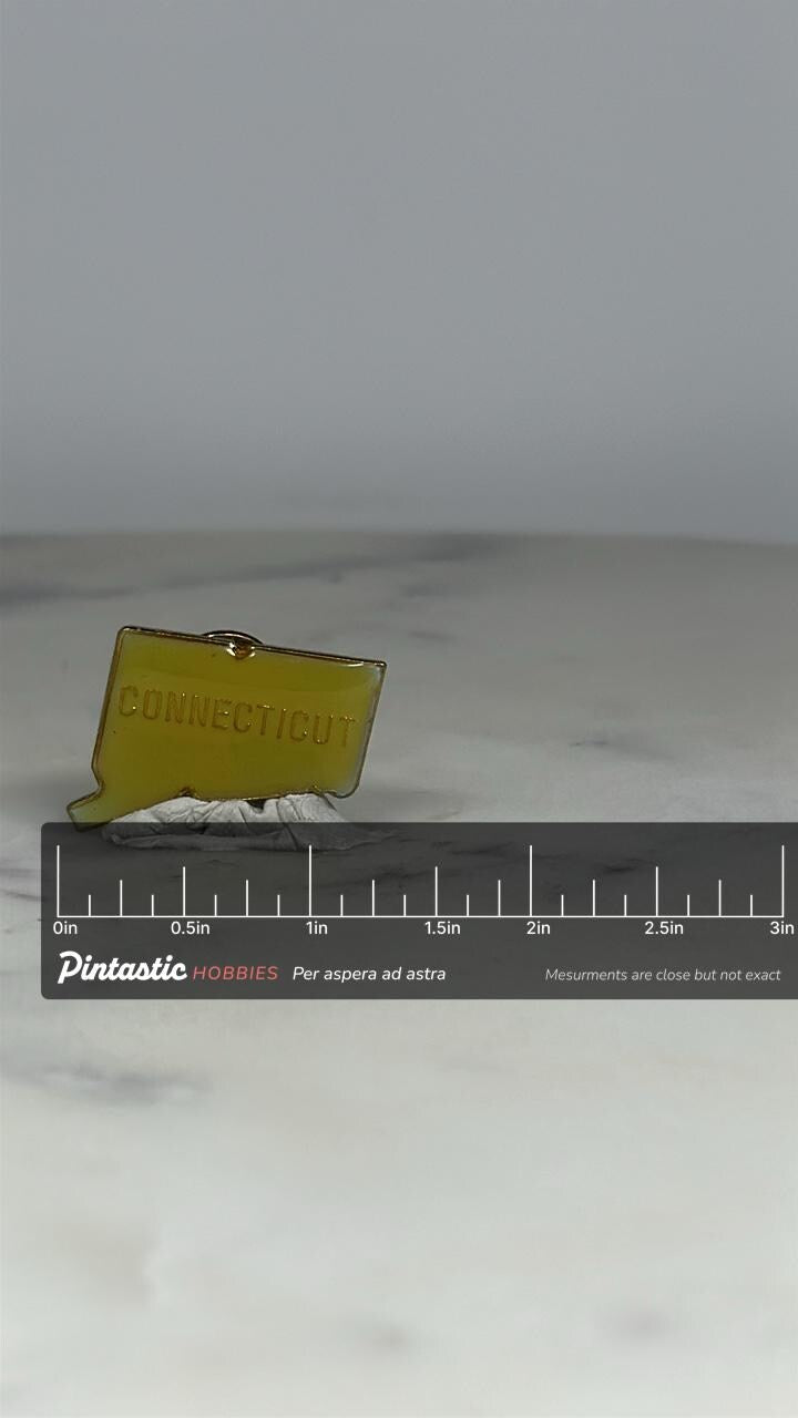 Connecticut State Shaped Pin: Yellow Enamel Finish - Vintage Travel Accessory with ruler overlay for size reference