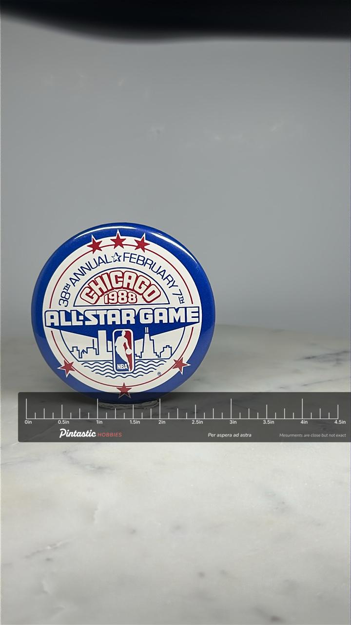 NBA All-Star Game Pinback Button: Red White Blue - 1988 Chicago Sports Accessory with ruler overlay for size reference