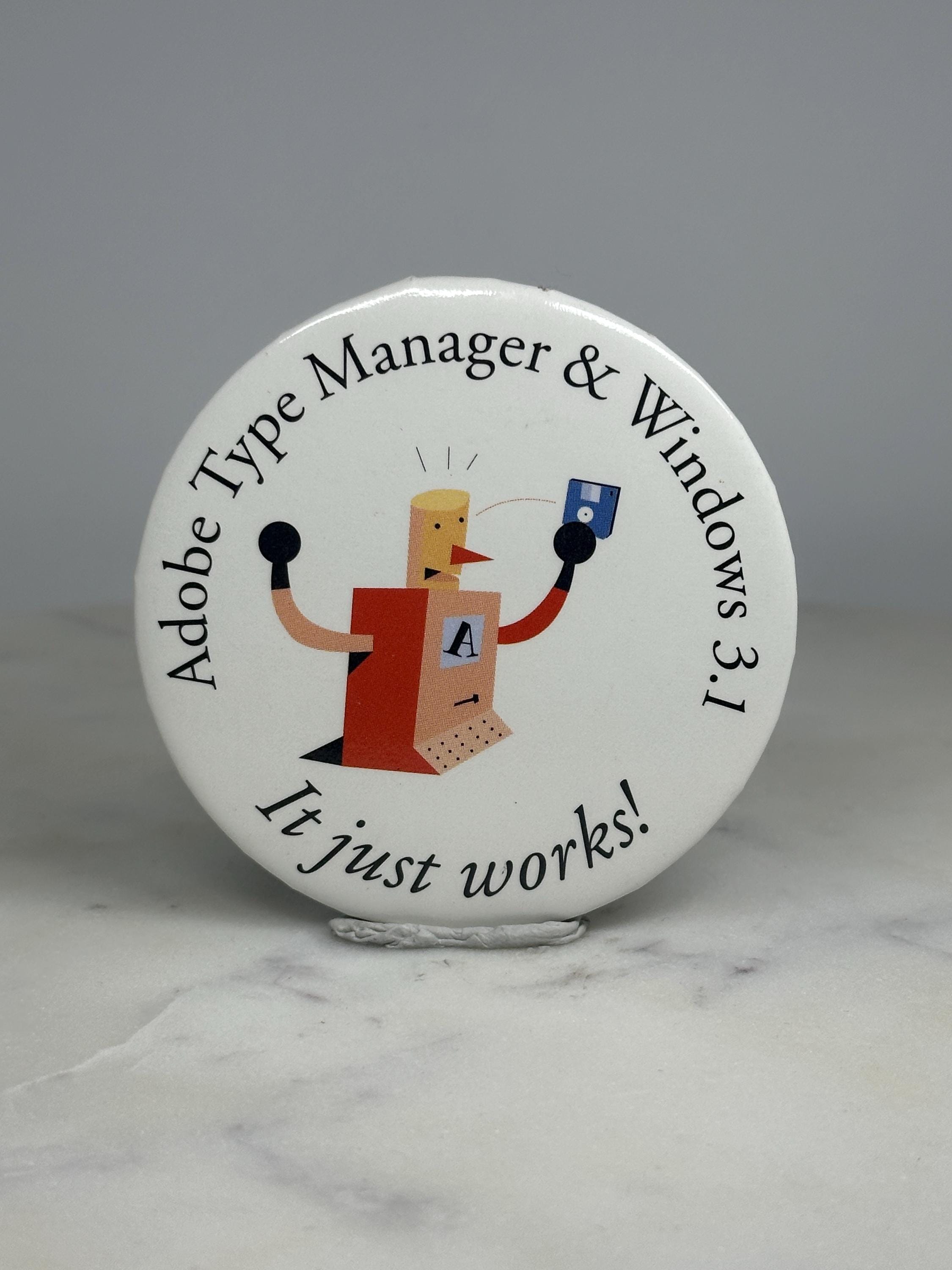 Adobe Type Manager Button Pin: Retro Graphic - 90s Tech Accessory