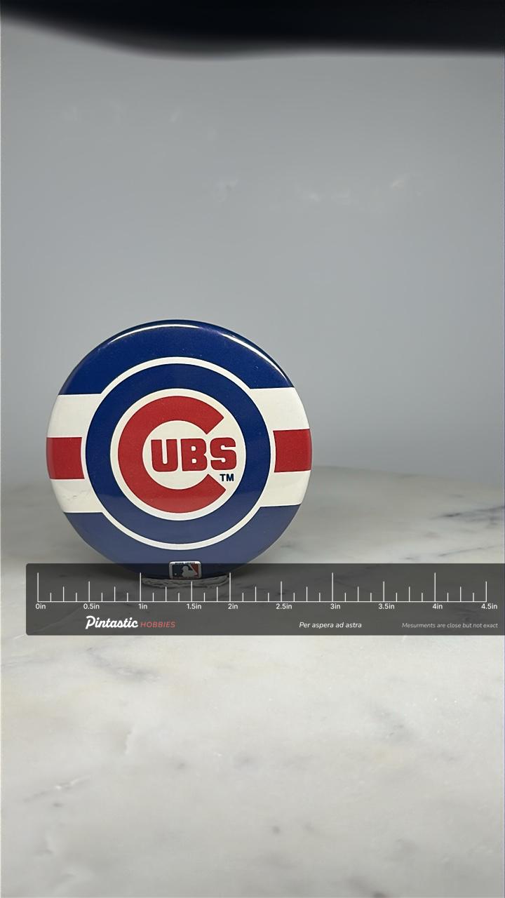 Chicago Cubs Pinback Button: Red White Blue Logo - Vintage MLB Accessory with ruler overlay for size reference