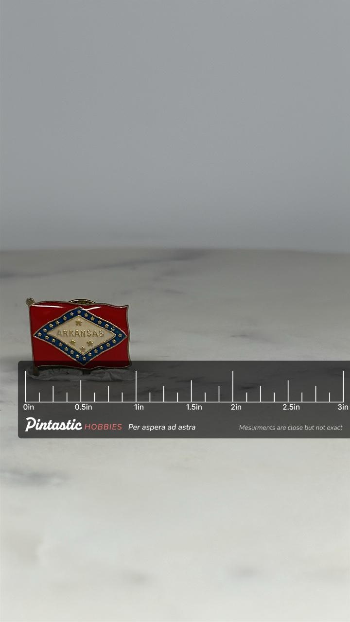 Arkansas State Flag Pin: Red Enamel Gold-Tone - Vintage Travel Accessory with ruler overlay for size reference