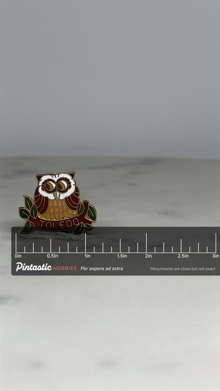 Toledo Owl Souvenir Pin: Brown Enamel Finish - Vintage Travel Accessory with ruler overlay for size reference
