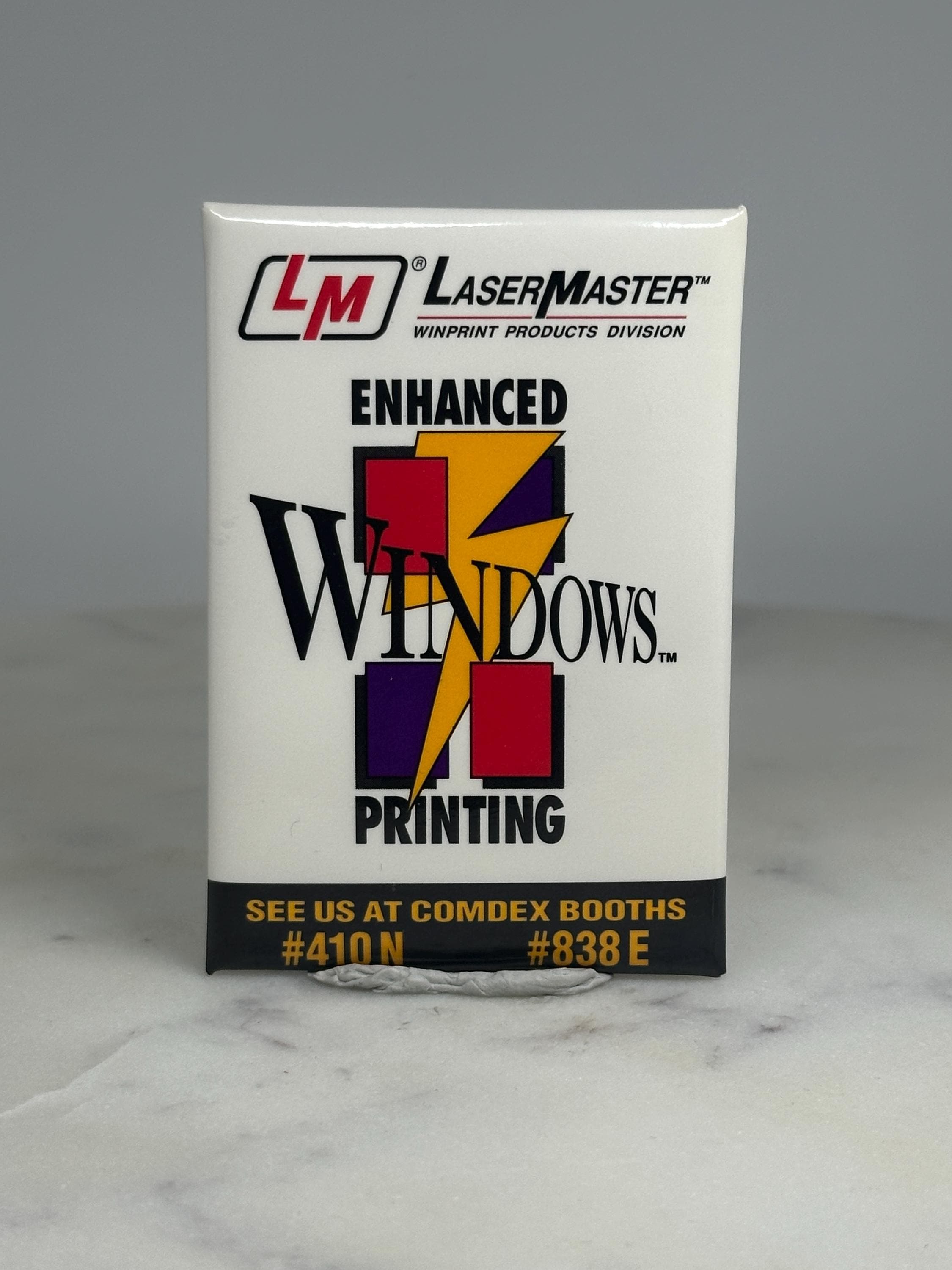 Windows Printing Promo Pin Button: Bold Graphic White - 90s Tech Accessory