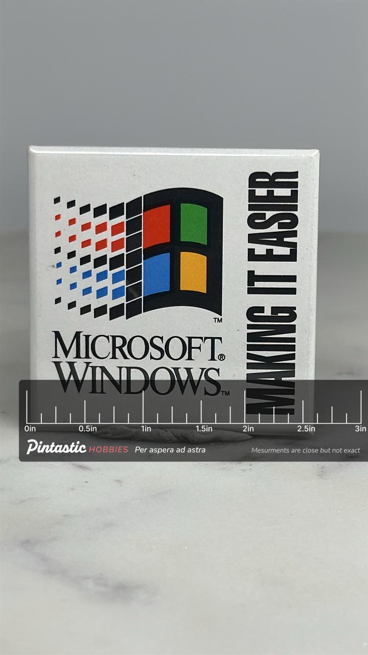 Microsoft Windows Button Pin: Classic Logo White - 90s Tech Accessory with ruler overlay for size reference