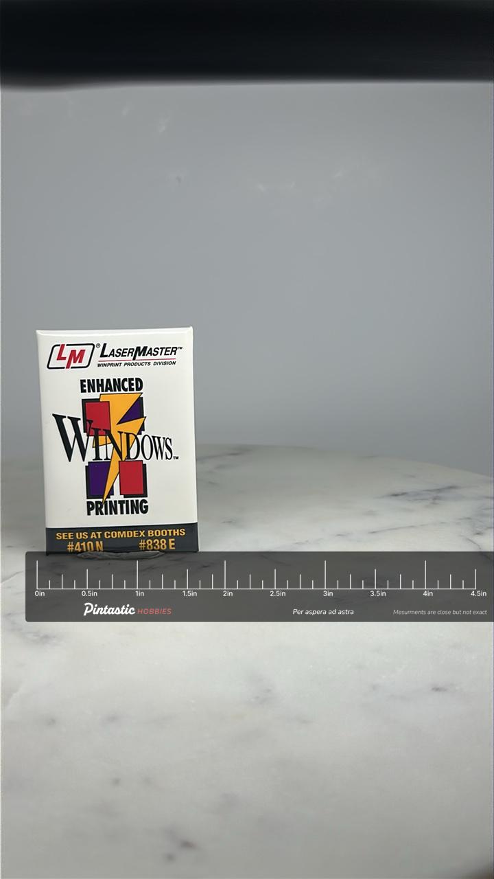 Windows Printing Promo Pin Button: Bold Graphic White - 90s Tech Accessory with ruler overlay for size reference