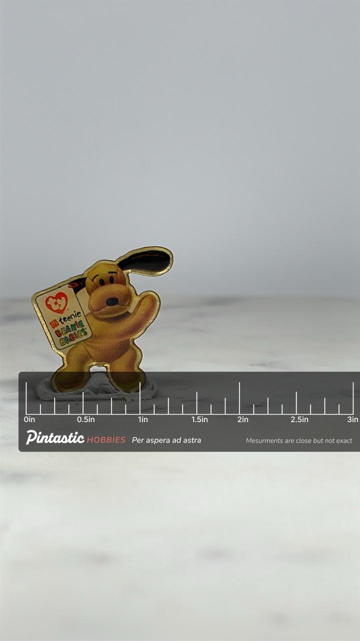 Beanie Babies Dog Pin: Light Yellow Glossy Finish - 90s Nostalgia Accessory with ruler overlay for size reference
