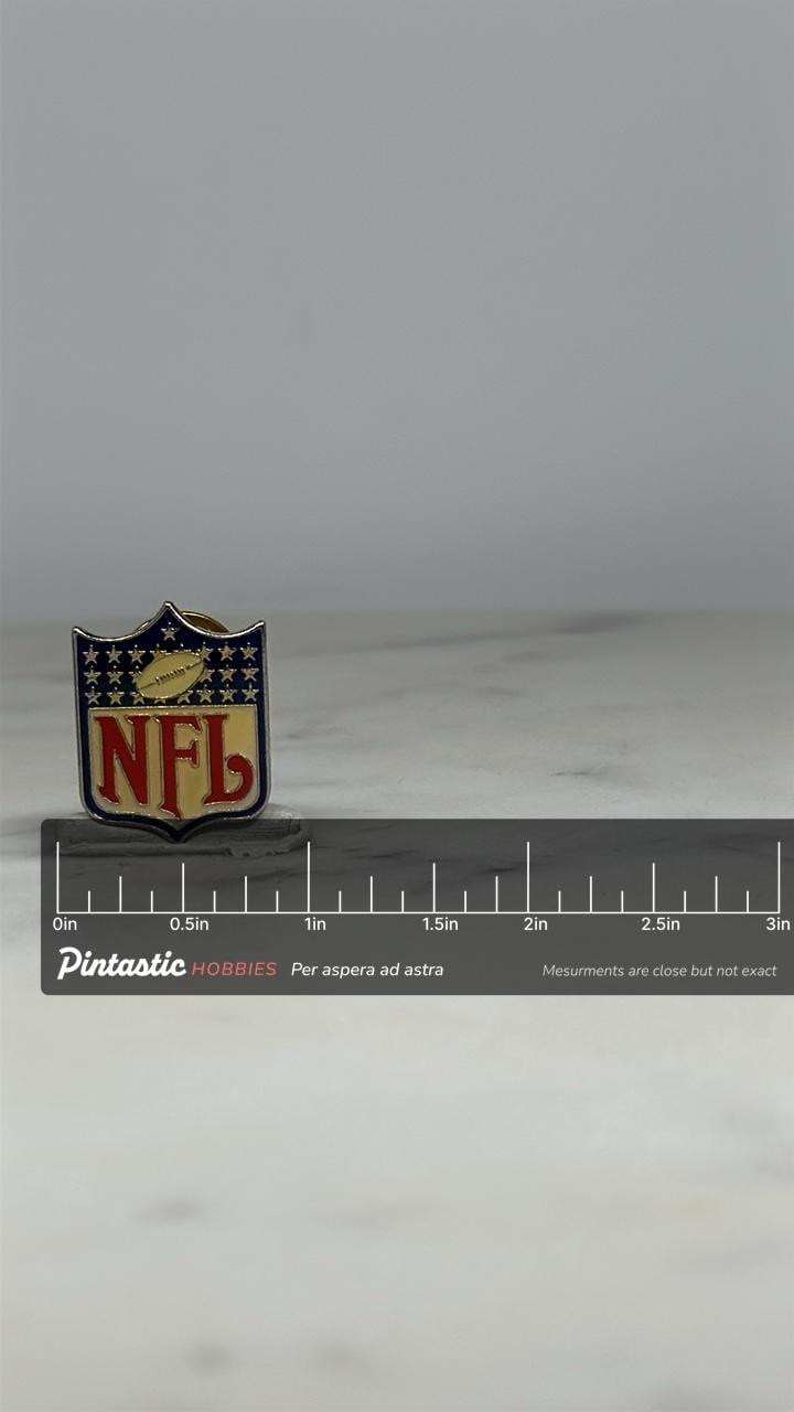 NFL Shield Logo Pin: Red White Blue Enamel - Vintage Sports Accessory with ruler overlay for size reference