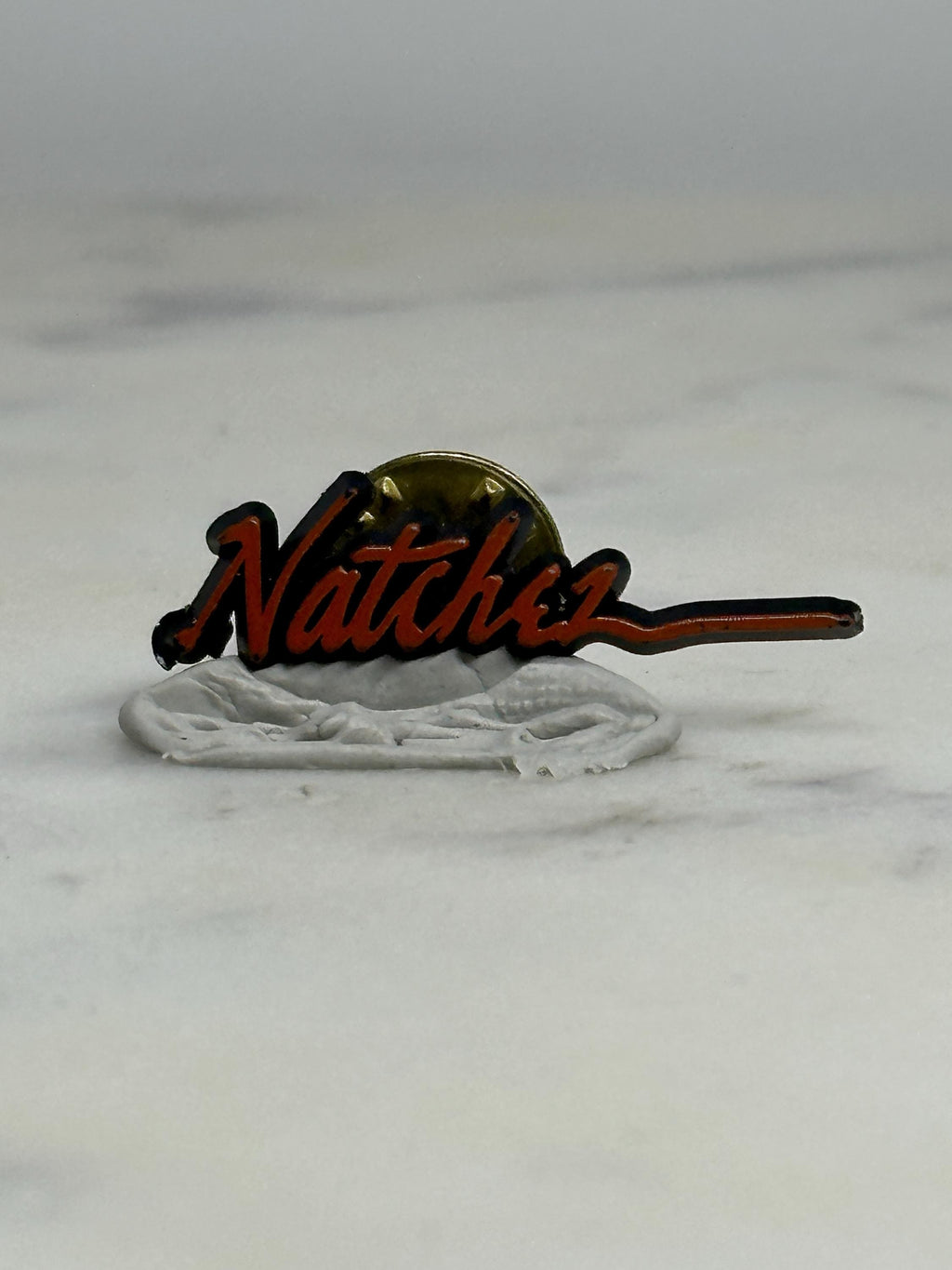Natchez Souvenir Pin: Red Script with Sunset - Vintage Travel Accessory