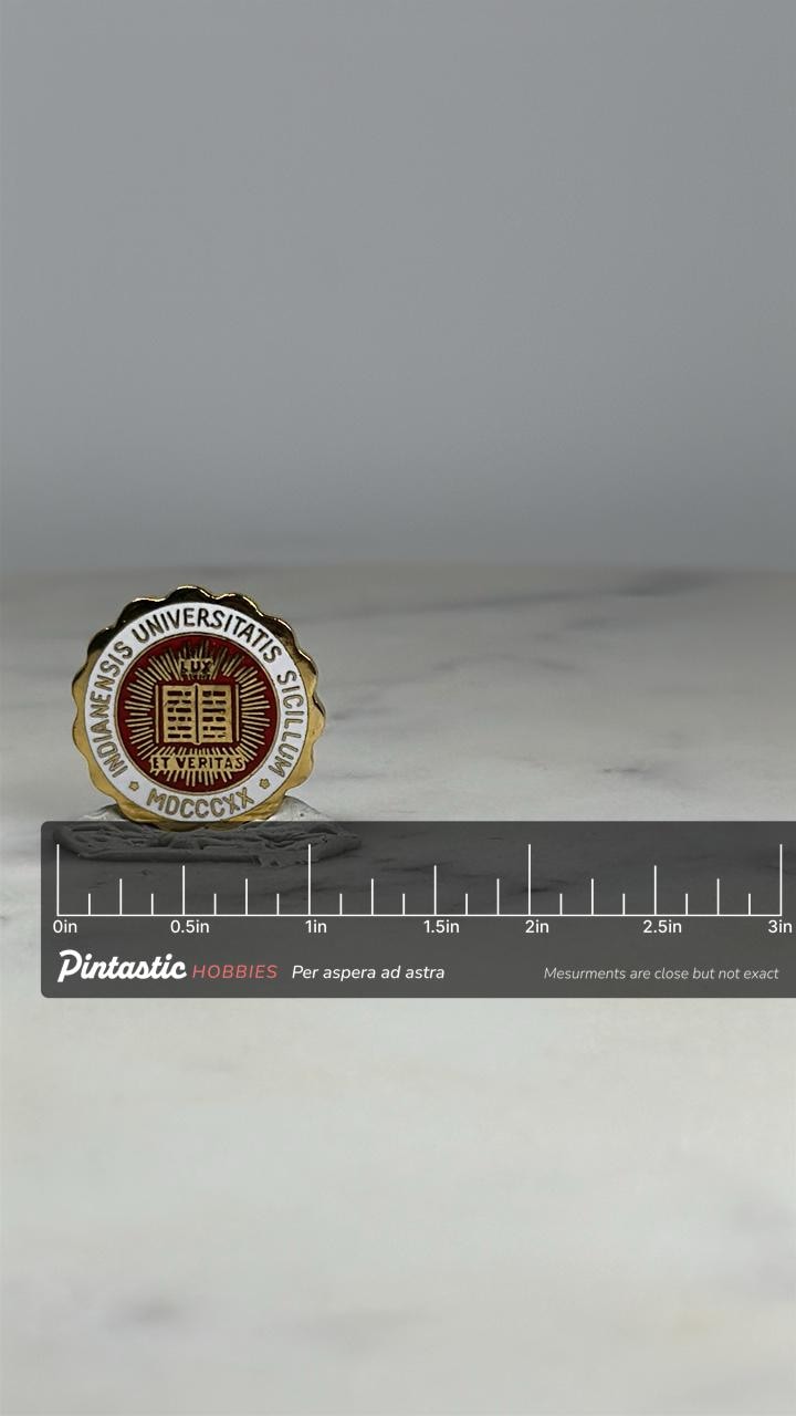 Indiana University Seal Lapel Pin: Gold & Red Enamel - Academic Collectible Accessory with ruler overlay for size reference