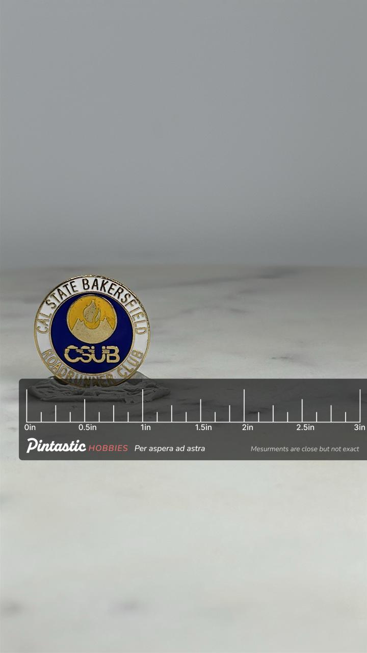 Cal State Bakersfield Lapel Pin: Blue Gold Enamel - Vintage College Accessory with ruler overlay for size reference