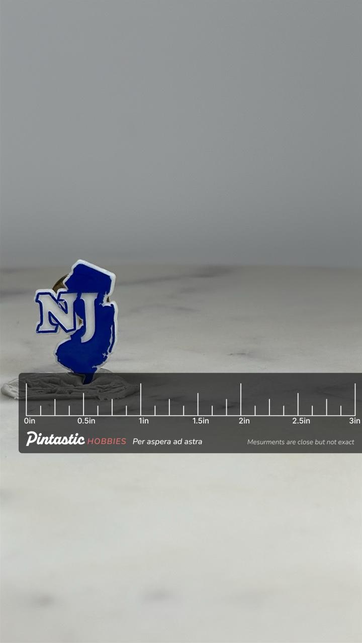 New Jersey State Pin: Blue & White Enamel - Retro Travel Accessory with ruler overlay for size reference