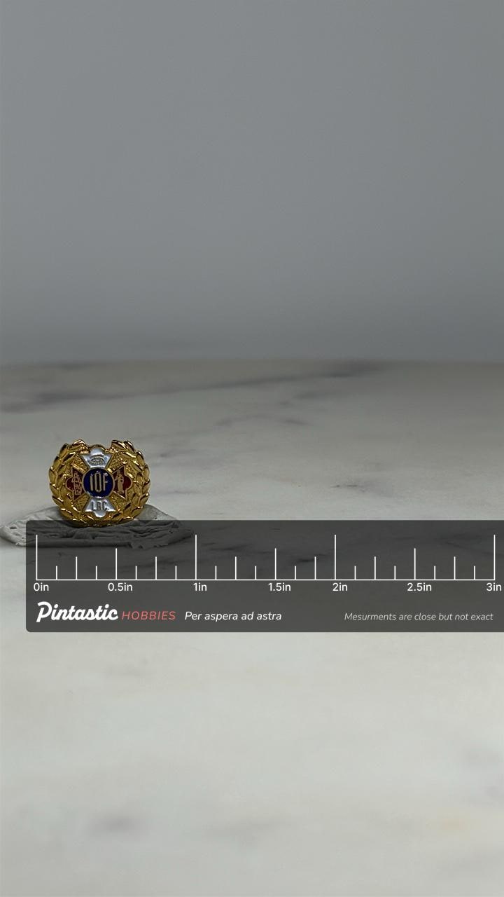 IOF Fraternal Order Pin: Gold Tone Enamel - Vintage Organization Accessory with ruler overlay for size reference