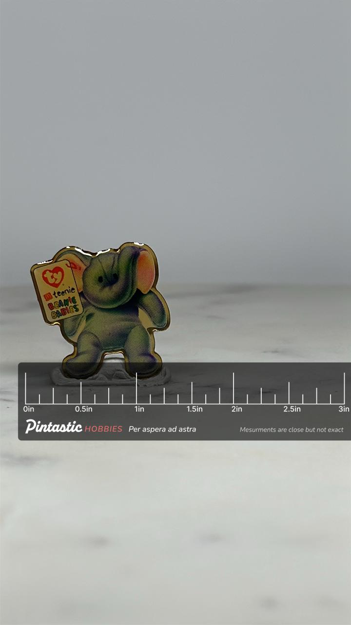 Beanie Babies Elephant Pin: Grey Multicolor Enamel - 90s Toy Accessory with ruler overlay for size reference