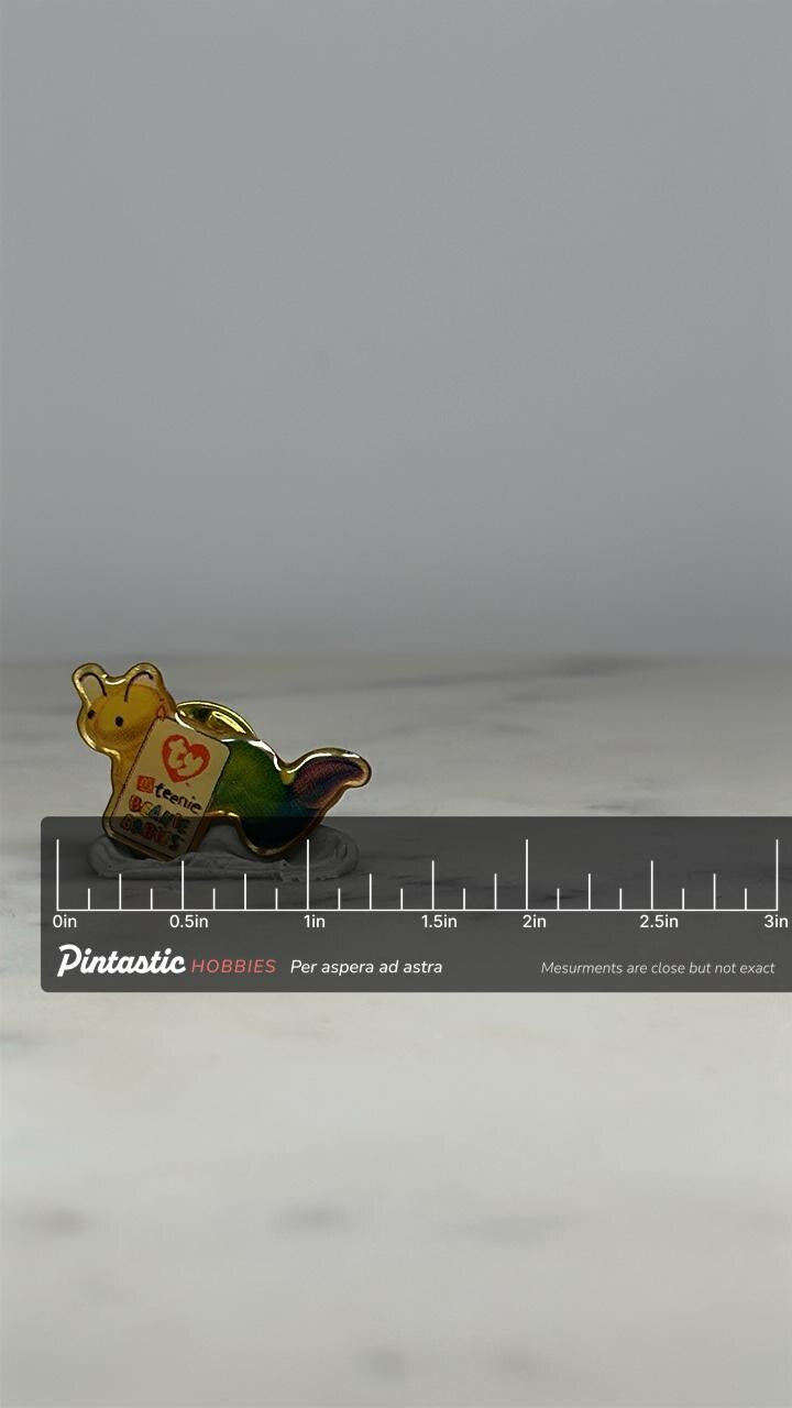 Beanie Babies Pin: Rainbow Worm Enamel - 1990s Toy Accessory with ruler overlay for size reference
