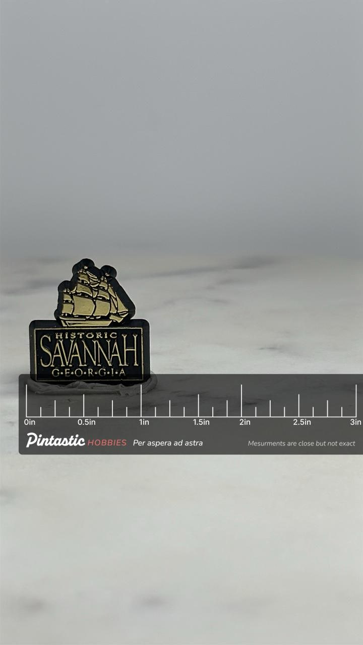 Savannah Georgia Souvenir Pin: Black & Gold Enamel - Historic Travel Accessory with ruler overlay for size reference