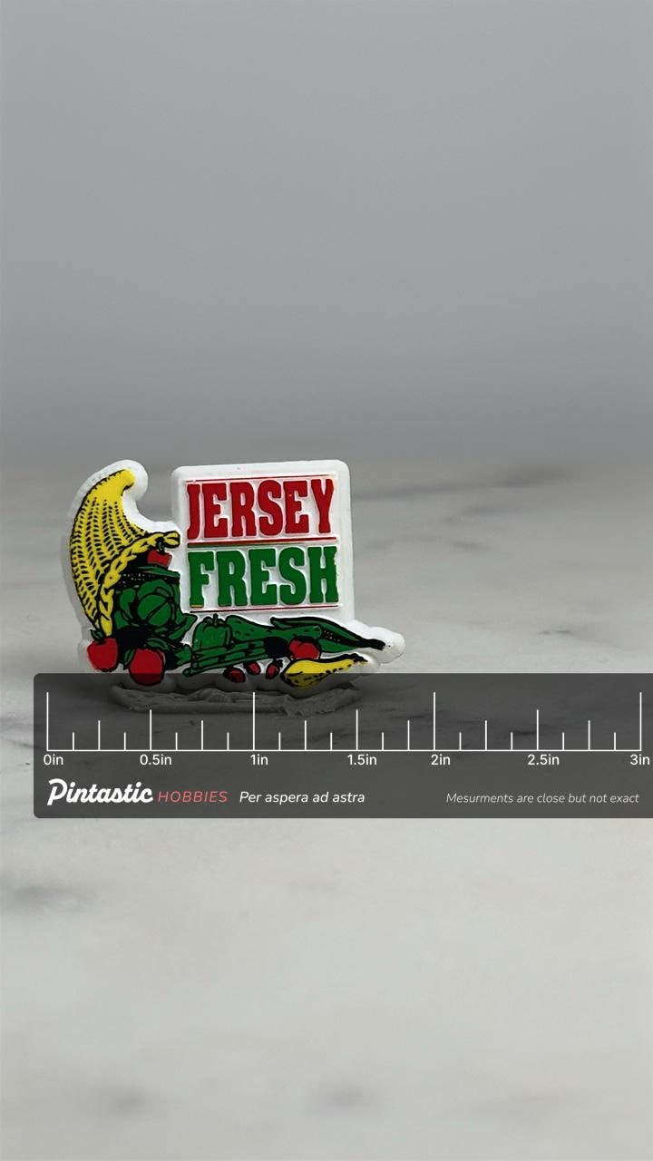 Jersey Fresh Vegetables Pin: Red Green White - Farm Produce Accessory with ruler overlay for size reference