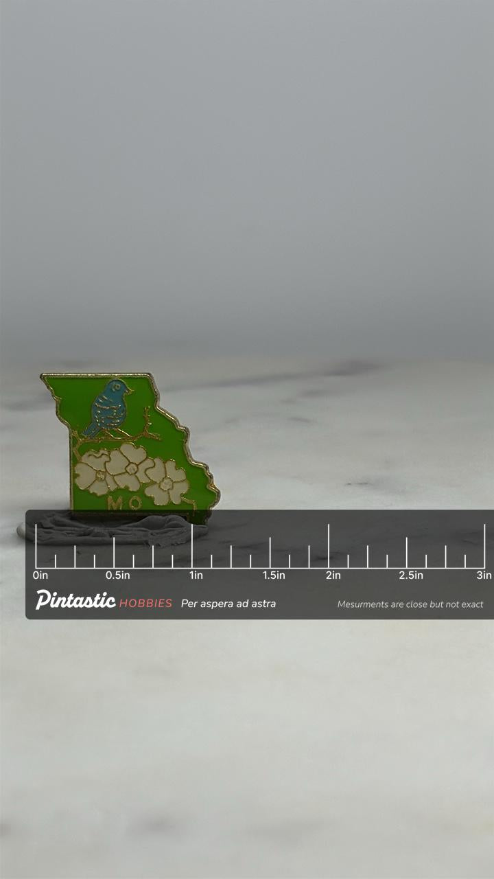 Missouri State Bird Flower Pin: Green Enamel - Vintage Souvenir Accessory with ruler overlay for size reference