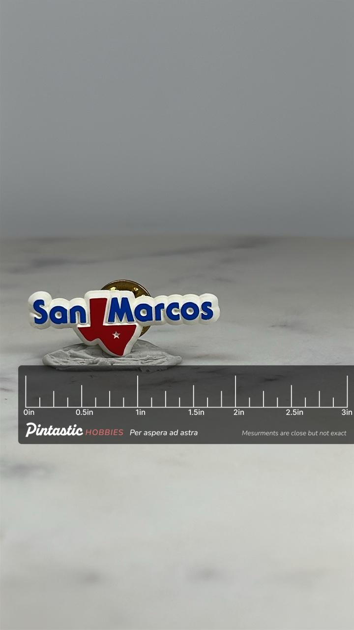 San Marcos Texas Pin: Red White Blue Enamel - Retro Travel Accessory with ruler overlay for size reference