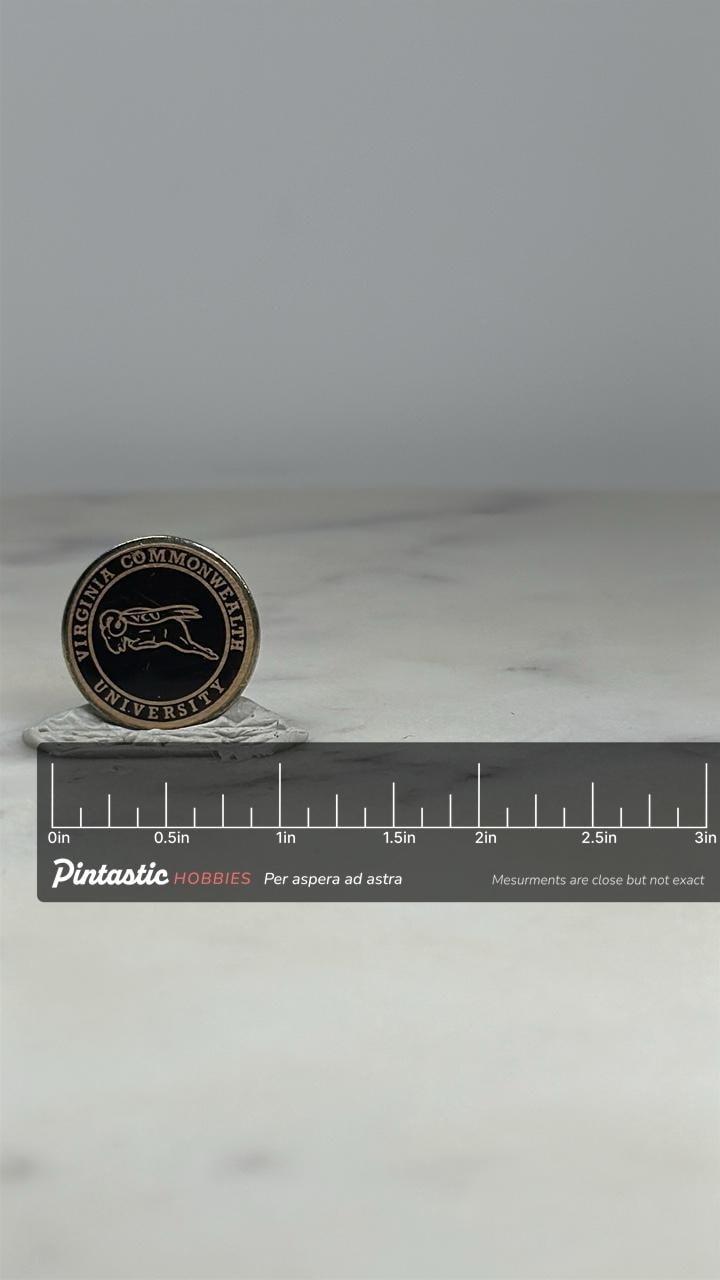 VCU University Pin: Black & Gold Enamel - Vintage College Accessory with ruler overlay for size reference