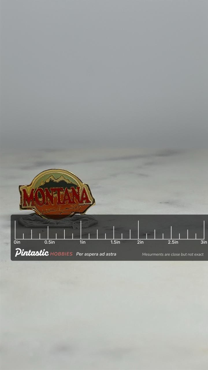 Montana Souvenir Pin: Gold & Red Enamel - Vintage Travel Accessory with ruler overlay for size reference