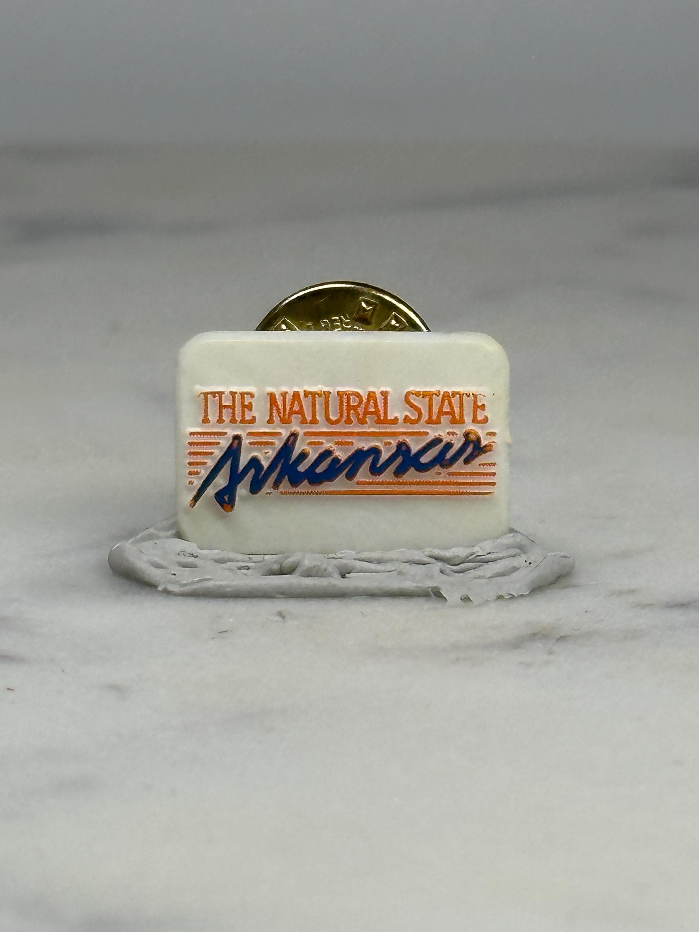 Arkansas State Souvenir Pin: White Enamel - Retro Travel Accessory