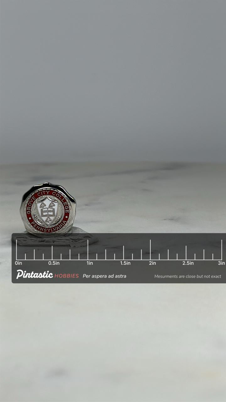 Grove City College Pin: Silver & Red Enamel - Academic Heritage Accessory with ruler overlay for size reference