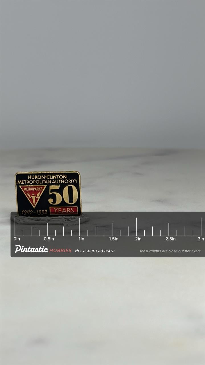 Metroparks 50 Years Commemorative Pin: Gold & Black Enamel - 1990s Retro Accessory with ruler overlay for size reference