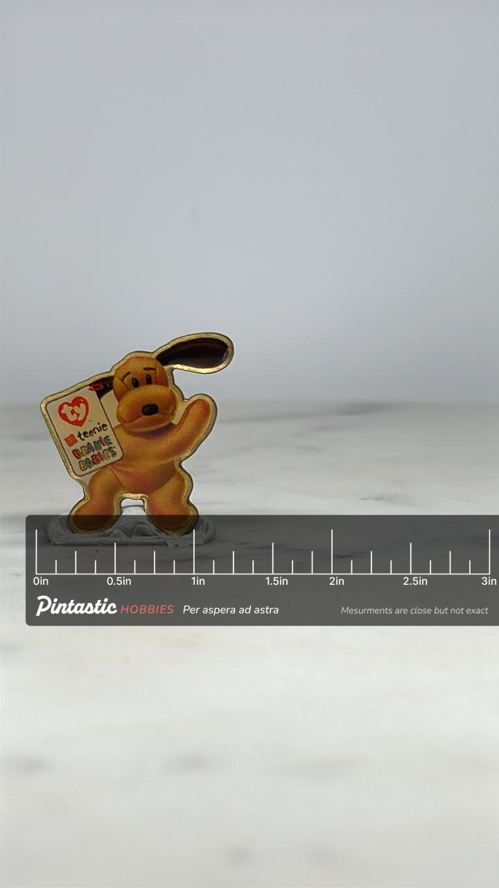 Beanie Babies Dog Pin: Orange Yellow Enamel - 90s Toy Collectible Accessory with ruler overlay for size reference