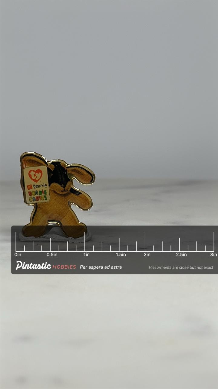 Beanie Babies Dog Pin: Gold Black Silhouette - 1990s Nostalgia Accessory with ruler overlay for size reference