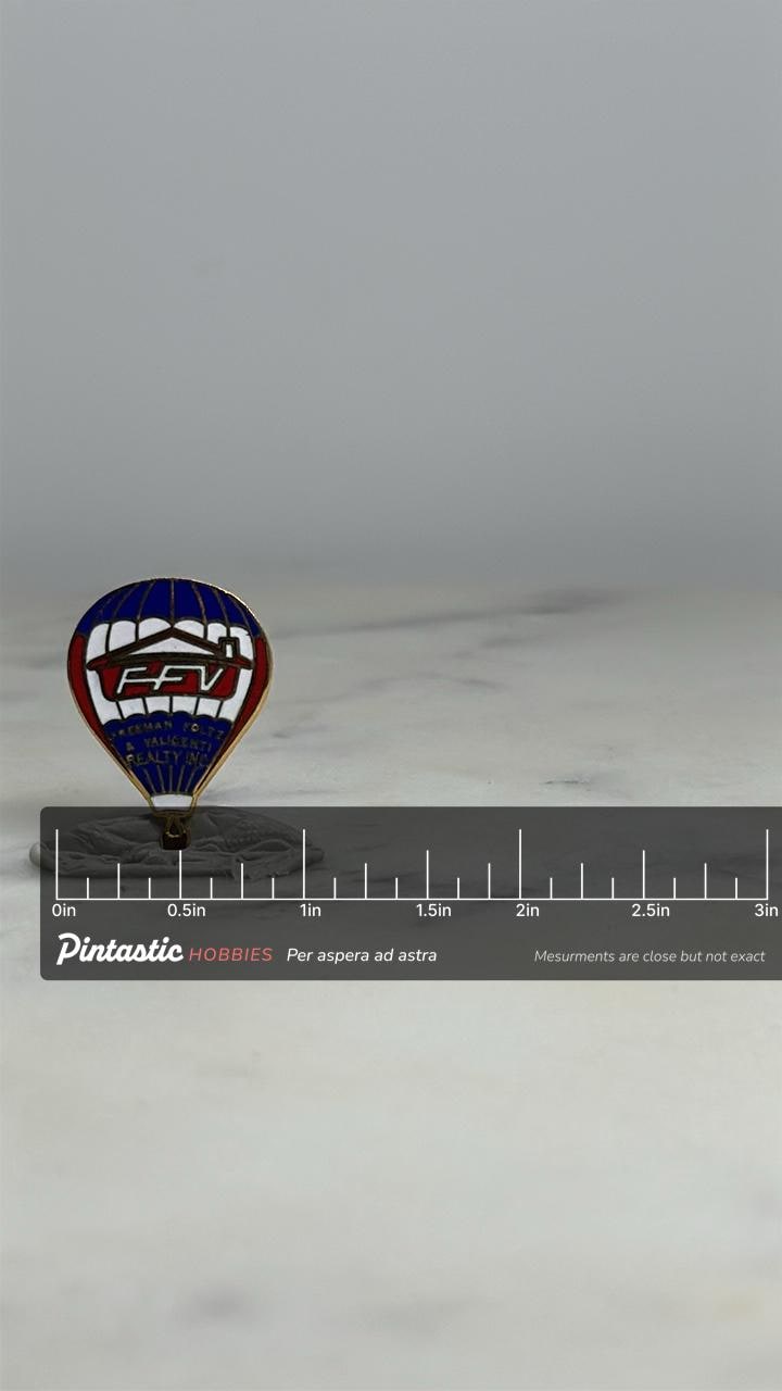 FFV Hot Air Balloon Pin: Red White Blue Enamel - Vintage Real Estate Accessory with ruler overlay for size reference