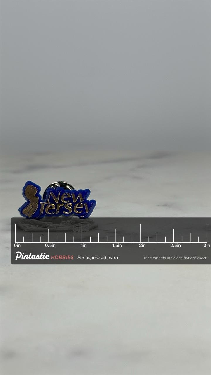 New Jersey State Lapel Pin: Blue & Gold Enamel - Souvenir Accessory with ruler overlay for size reference