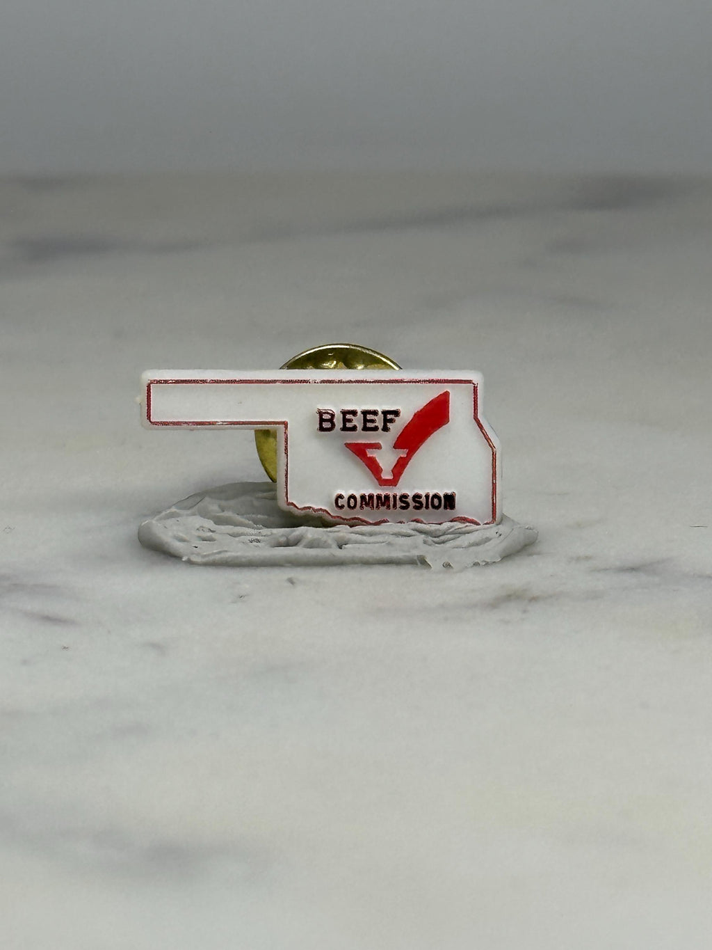 Oklahoma Beef Commission Pin: White Red Enamel - Vintage Agri Promo Accessory