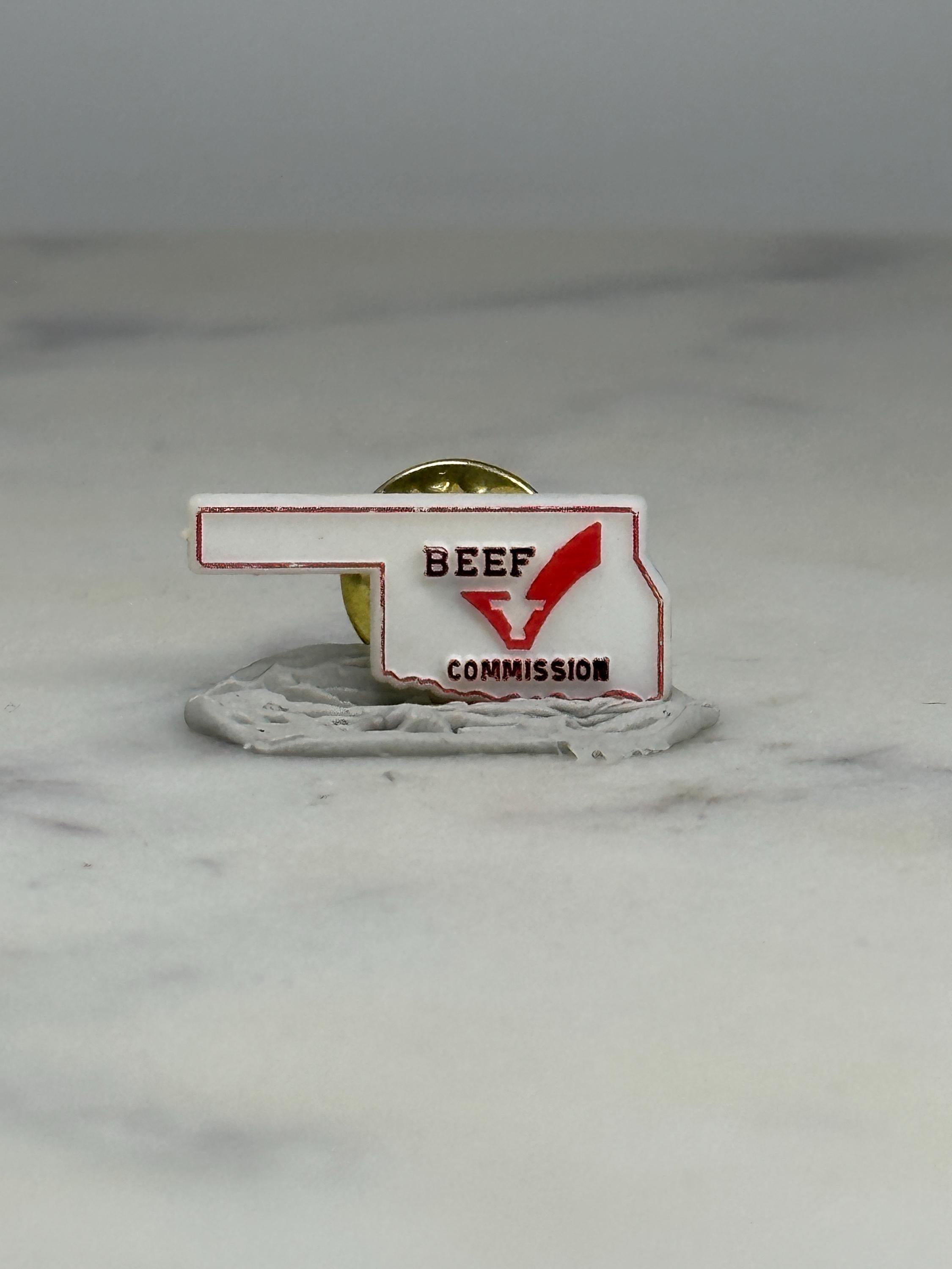 Oklahoma Beef Commission Pin: White Red Enamel - Vintage Agri Promo Accessory