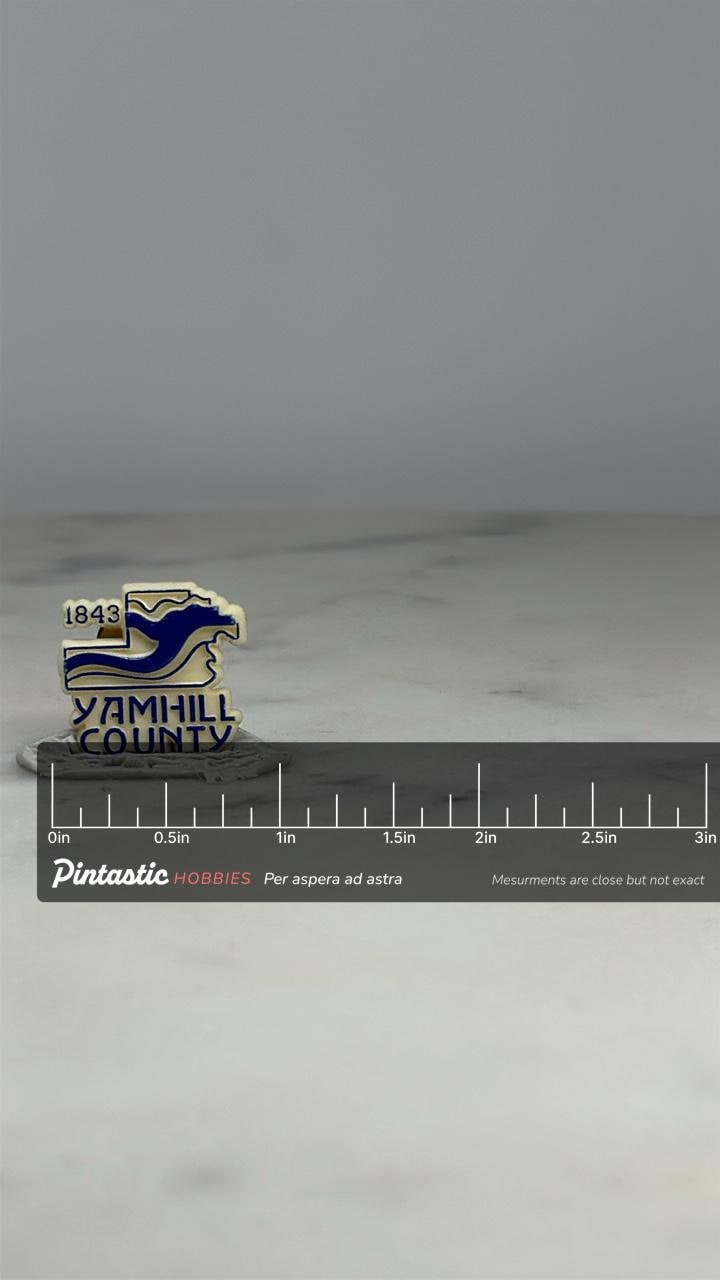 Yamhill County Lapel Pin: Cream & Blue Enamel - Vintage Oregon Accessory with ruler overlay for size reference