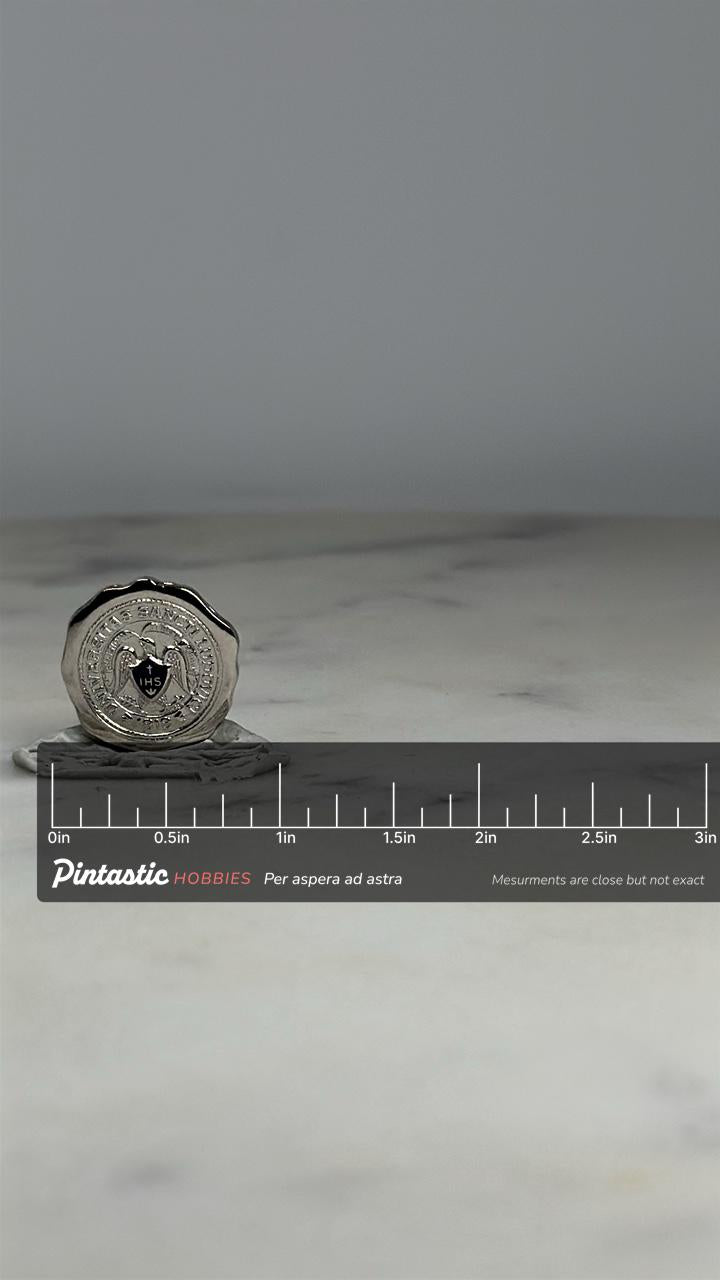Saint Louis University Pin: Silver Tone Seal Crest - Vintage Academic Accessory with ruler overlay for size reference