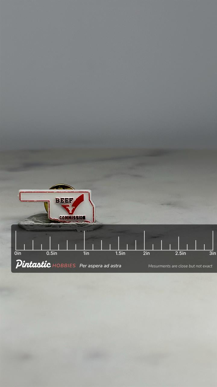 Oklahoma Beef Commission Pin: White Red Enamel - Vintage Agri Promo Accessory with ruler overlay for size reference