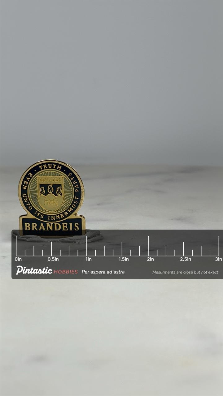 Brandeis University Pin: Gold Enamel Crest - Academic Collectible Accessory with ruler overlay for size reference