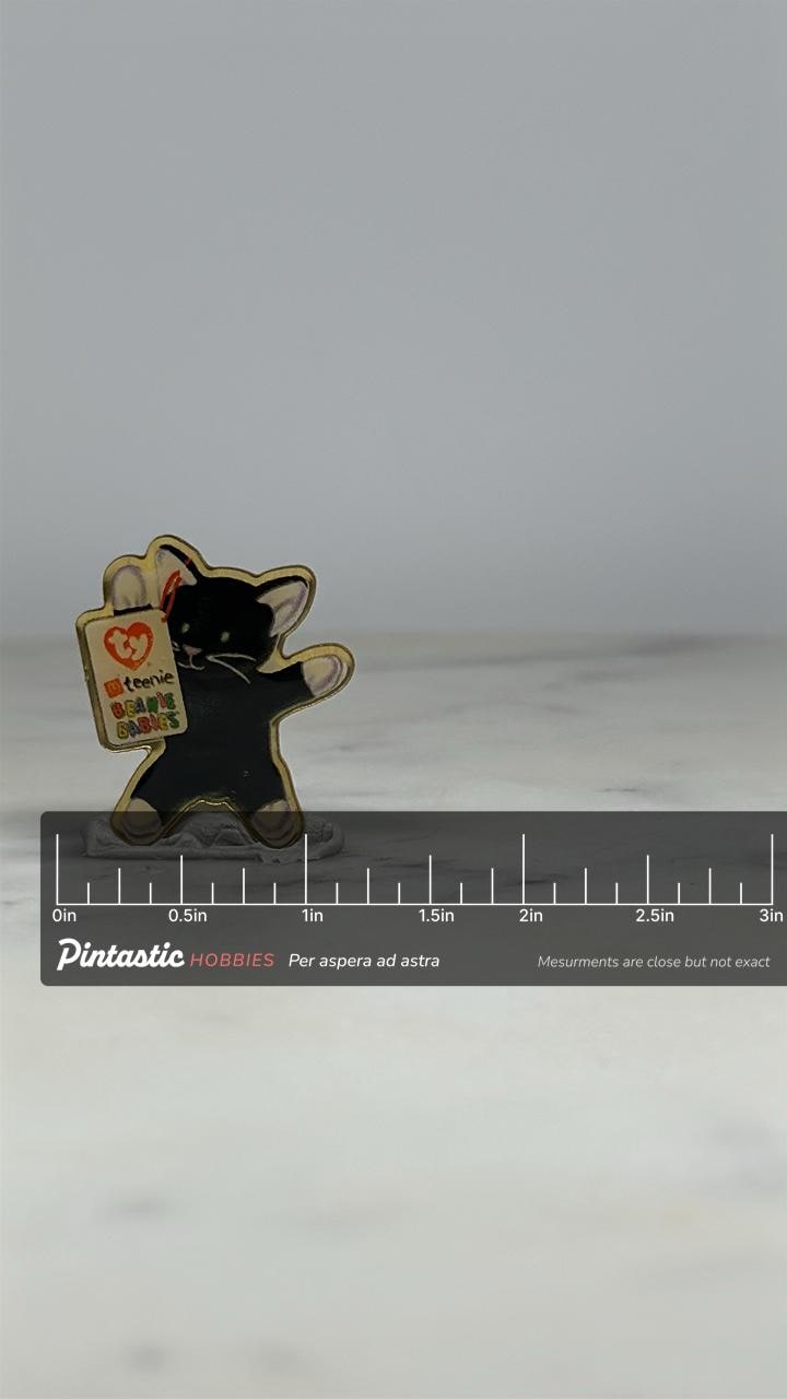 Beanie Baby Cat Pin: Black Enamel - 90s TY Collectible Accessory with ruler overlay for size reference