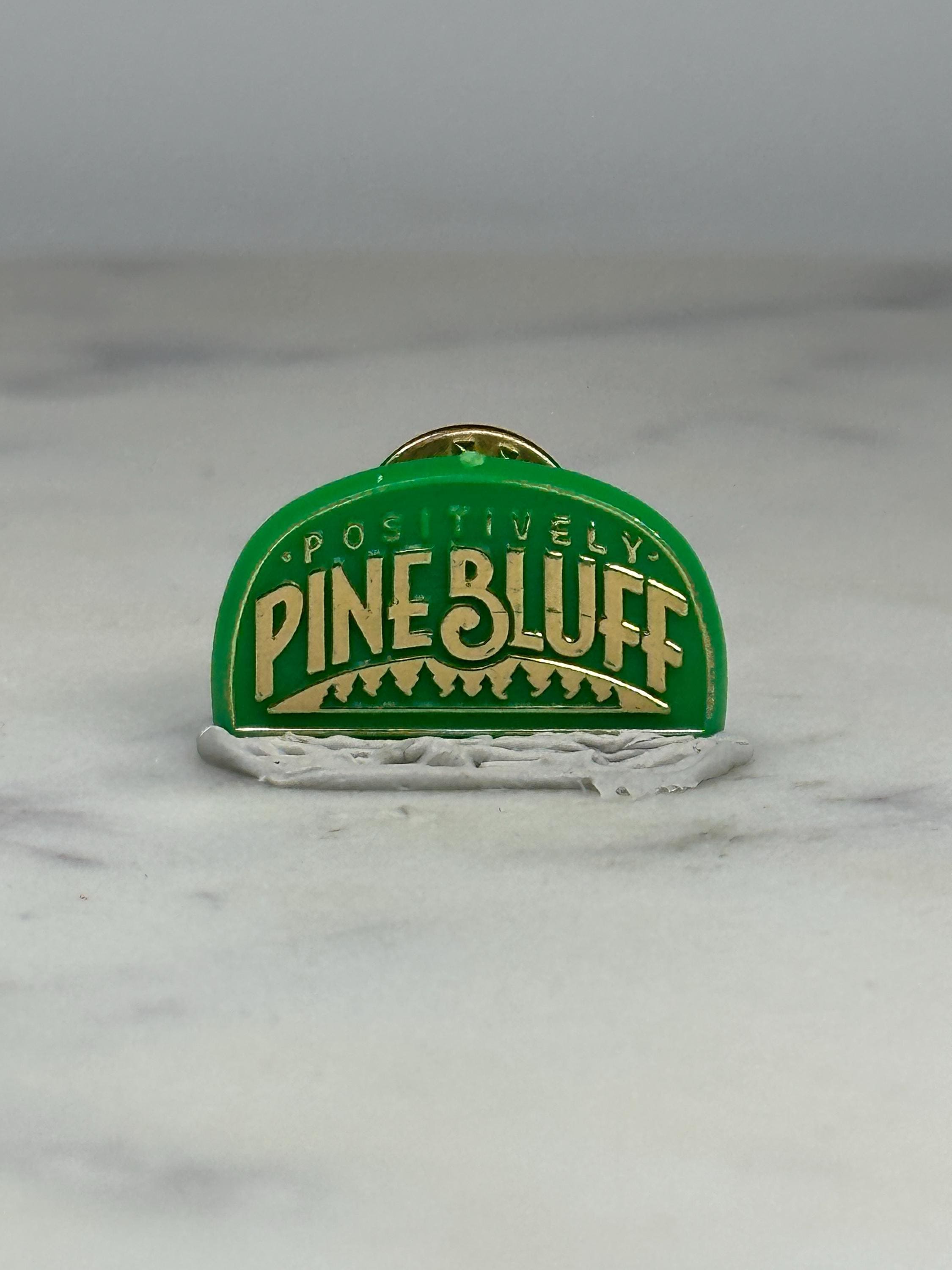 Pine Bluff Souvenir Pin: Green Gold Enamel - Retro Travel Accessory