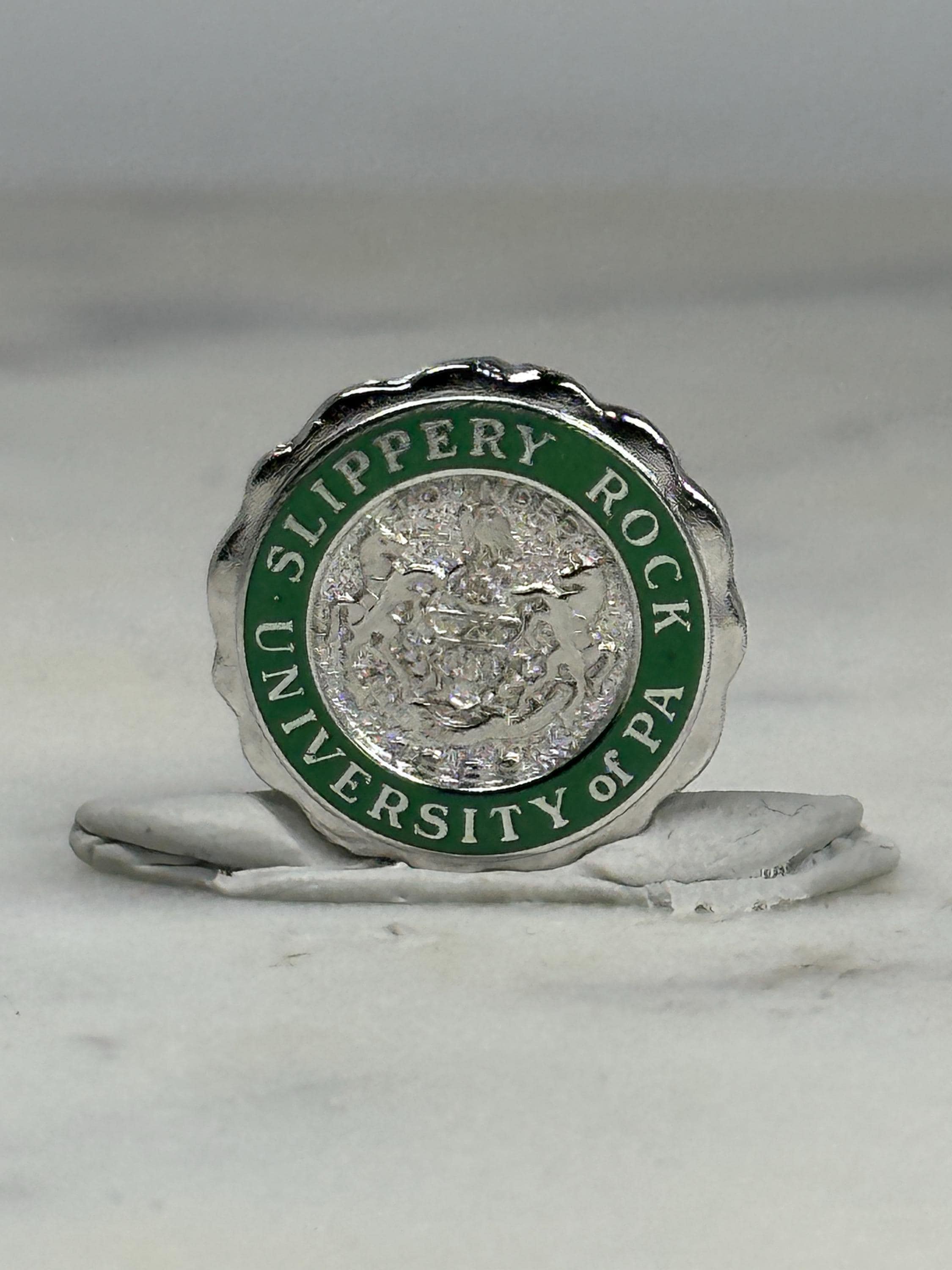 Slippery Rock University Pin: Green & Silver Seal - College Collectible Accessory