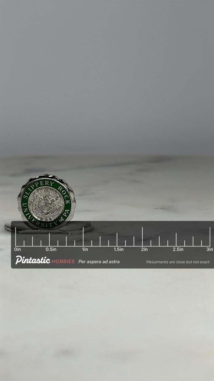 Slippery Rock University Pin: Green & Silver Seal - College Collectible Accessory with ruler overlay for size reference