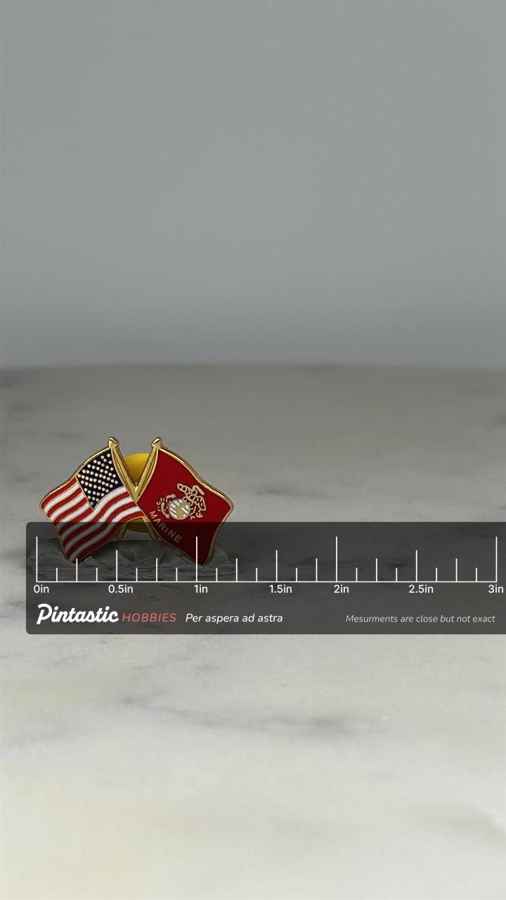USMC & American Flag Pin: Gold Trim Enamel - Patriotic Military Accessory with ruler overlay for size reference